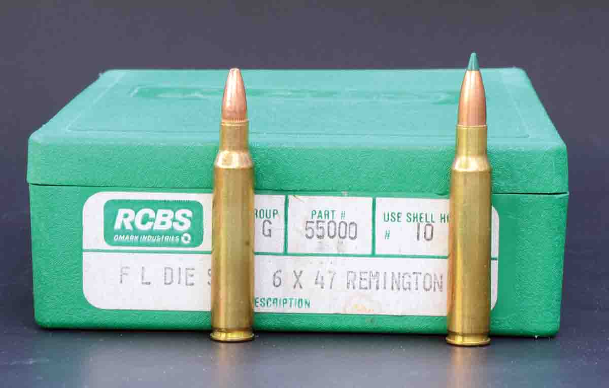 The (right) 6x47mm is easily formed by necking up the (left) .222 Remington Magnum case.